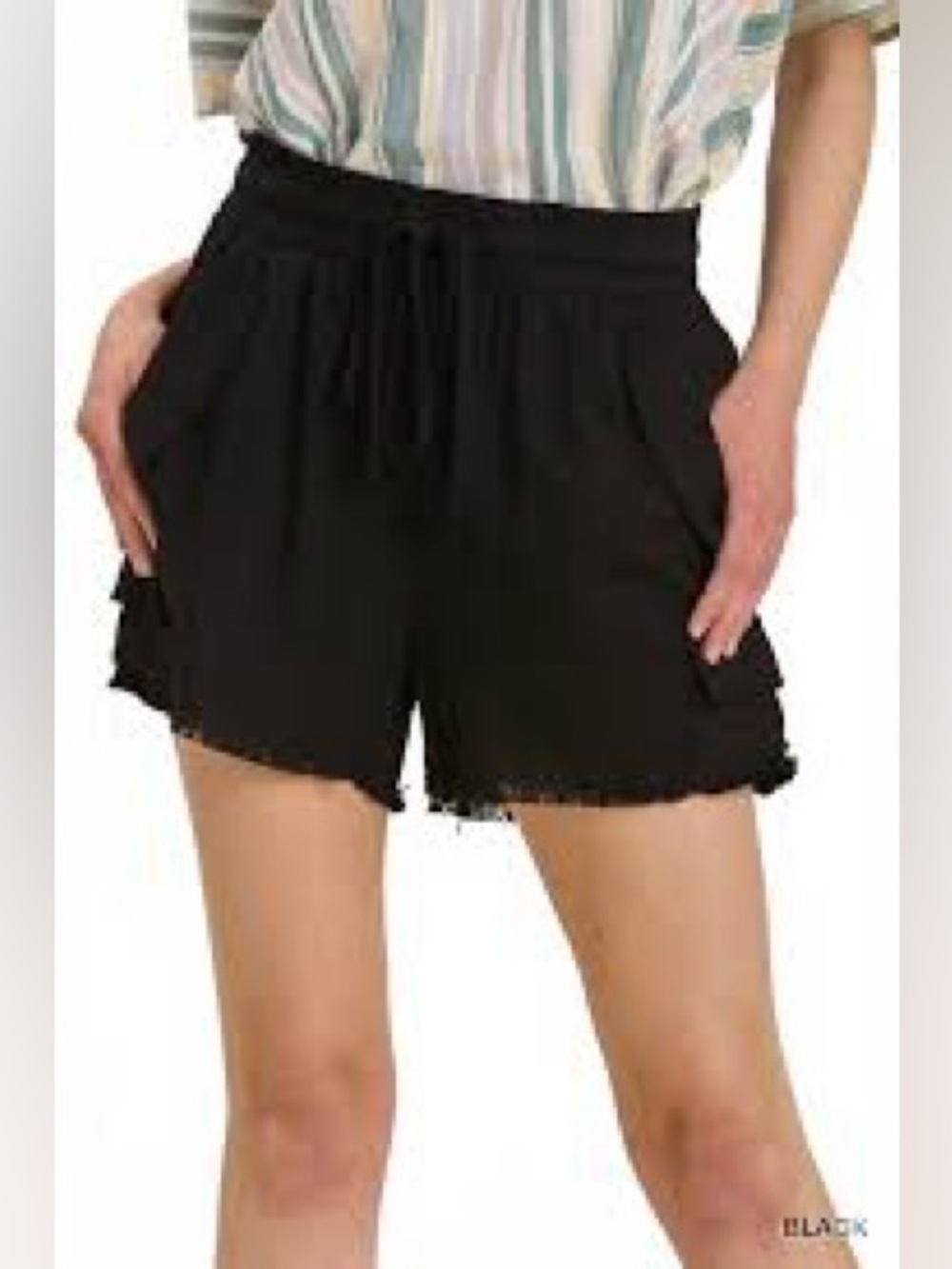 Umgee Black Drawstring Raw Hem Women's Shorts